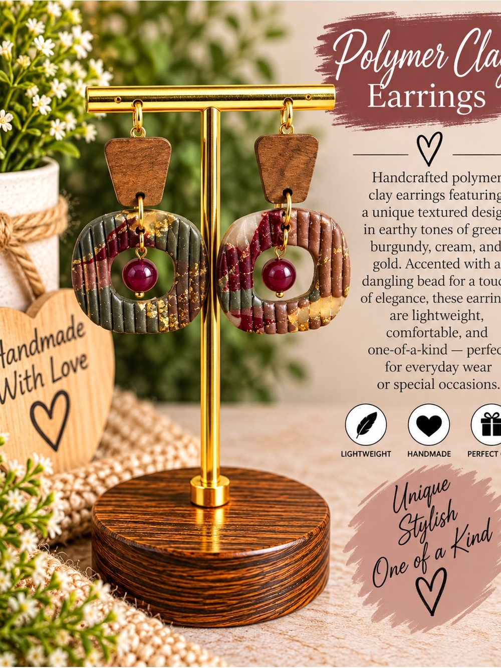 Handmade Polymer Clay Earrings - Burgundy, Green & Cream
